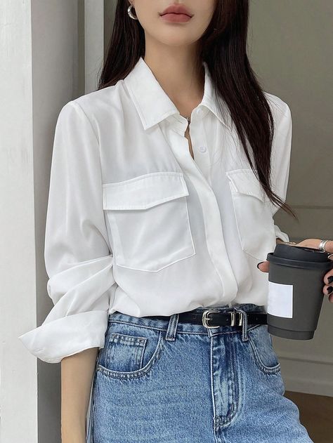 Women's Solid Color Utility Pockets Long Sleeve Casual Shirt, Blouse White Casual  Long Sleeve Polyester Plain Shirt Non-Stretch Spring/Fall Women Clothing, size features are:Bust: ,Length: ,Sleeve Length: Korean Work Clothes, Midi Skirt And Boots, Dress Code Outfits, Outfits Con Camisa, Dress Code Casual, White Top Women, Denim Skirt Outfits, T Shirt Female, Classic Skirts