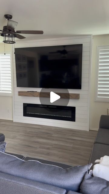 Tv Wall With Shiplap, Shiplap Wall Tv And Fireplace, Shiplap Fireplace Wall Diy, Accent Tv Wall Bedroom, Shiplap Master Bed Wall, Shiplap Tv Wall With Fireplace, Diy Wall Fireplace, 3 Sided Fireplace Ideas With Tv, Modern Fireplace Ideas With Tv Feature Walls