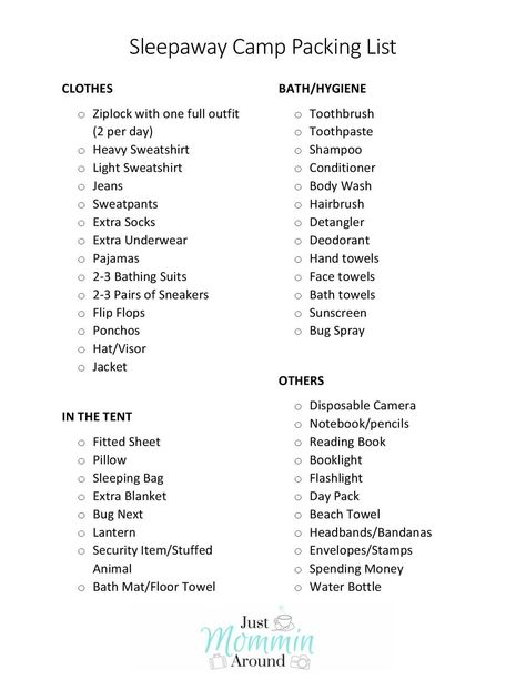 The Must-Haves for Sleepaway Camp! Camp Trip Packing List, Packing List For Camping In A Camper, Camp Checklist For Girls Packing Lists, What To Take Camping Packing Lists, Summer Camp List Packing Checklist, Things To Pack For A Camping Trip, Summer Church Camp Packing List, Packing List Summer Camp, Packing For Overnight Camp