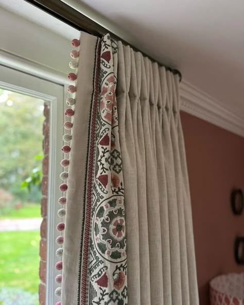 Lisa Dawson Interiors on Instagram: "We were all very sad to see these lovely curtains leave our work room but equally delighted to see how wonderful they look in our clients snug! Both windows were dressed with hand interlined and blackout lined curtains with triple pleat headings. Face fabric from @sanderson1860 Contrast leading edge from @jamesharefabric Tracks from @cameron_fuller_limited #softfurnishings #softfurnishingspecialist #handmadecurtains #bespokesoftfurnishings #curtaininspiration #fabricdesign #norfolkinteriors #norfolk" Curtains With Contrast Leading Edge, Bedroom Curtain Ideas Master Modern, Curtain Styles Living Room, Curtains With Trim, Curtain Designs Living Room, Lisa Dawson, Cameron Fuller, Dress Curtains, Curtain Inspiration