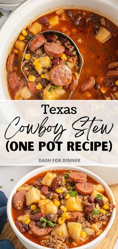 Beef Franks Recipes Dinners, Beef Smoked Sausage Recipes Crockpot, Soup With Smoked Sausage Recipes, Texas Cowboy Stew Recipe, Texas Cowboy Stew, Cowboy Stew Recipe, Soup With Smoked Sausage, Beef Smoked Sausage, Cowboy Stew