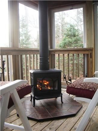 Wood Stove On Porch, Screened In Porch With Wood Stove, Potbelly Stove, Porch Kits, Porch Wood, Screened Porches, Enclosed Porch, Sunroom Addition, Building A Porch