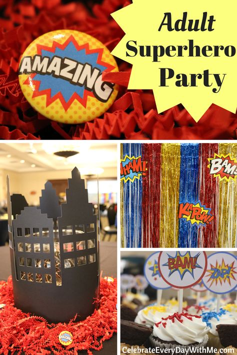 Comic Birthday Party Ideas, Superhero Games For Adults, Superhero Party For Adults, Marvel Graduation Party, Adult Superhero Party, Superhero Party Ideas, Superhero Themed Party, Superhero Party Games, Superhero Party Decorations