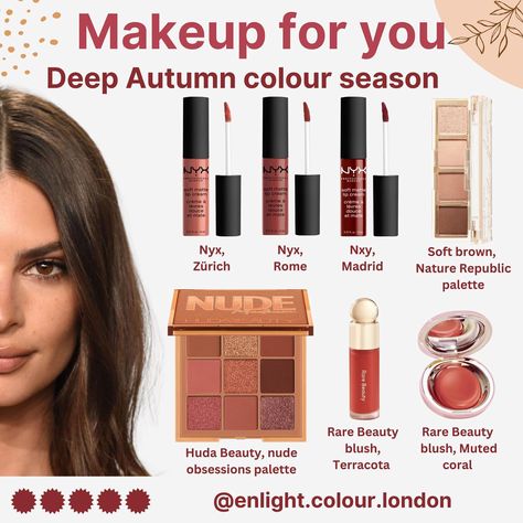 🎨Colour analysis helps you find your best makeup colours! These will be in harmony with your natural palette :) Deep Autumn palette… | Instagram Autumn Colour Palette Makeup, Dark Autumn Lipstick Palette, Deep Autumn Lipstick Shades, Deep Autumn Makeup Palette, Deep Autumn Makeup Color Palettes, Deep Autumn Makeup Products, Autumn Deep Makeup, Makeup For Deep Autumn, Dark Autumn Makeup Palette