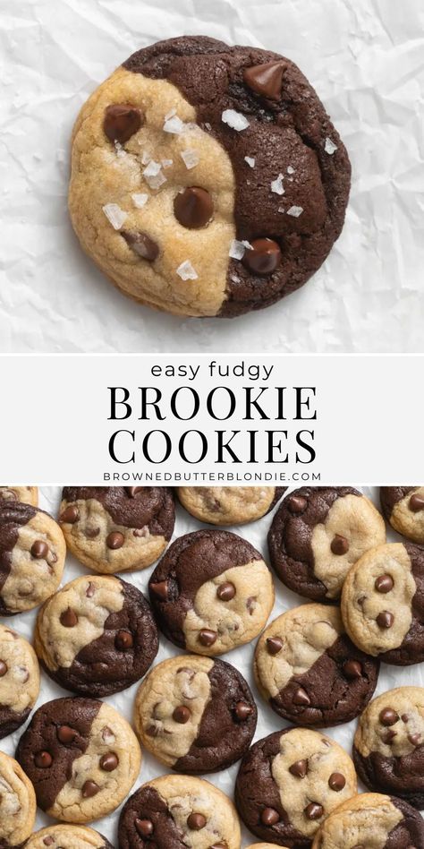 The best of both worlds! These brookie cookies are a delicious mash up of an ooey gooey chocolate chip cookie and a rich, fudgy brownie all rolled into one. Made with simple ingredients and no chilling required, the perfect easy recipe. | Browned Butter Blondie Fun Chocolate Chip Cookies, Cookies With Filling In The Middle, Simple And Easy Desserts, Best Selling Desserts, Dessert Recipes Without Chocolate, Halfway Cookies, Brookie Recipes Easy, Baking No Butter, Easy Desserts To Sell