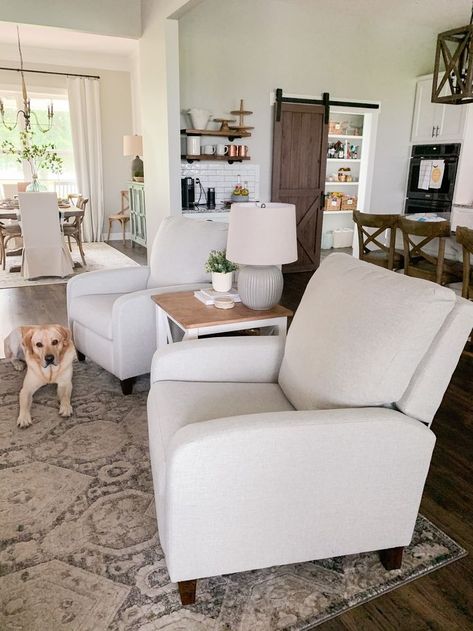 Farmhouse Furniture Living Room, Farmhouse Recliner Chairs, Living Room Inspiration Farmhouse, Craftsman Home Decor, Farmhouse Living Room Decor, Family Room Makeover, Neutral Furniture, Living Room Recliner, Cottage Living Rooms