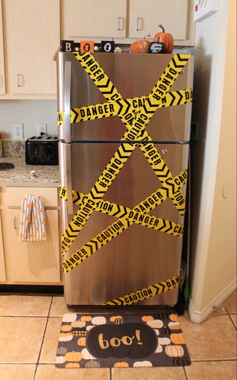 Halloween Wow Fridge, Halloween Fridge Decorations, Holloween Decore Idea For Office, Caution Tape Decoration, Cubicle Halloween Decorations, Small Halloween Party, Creepy Halloween Party, Halloween Decorations Apartment, Pumpkin Boo