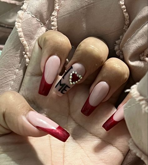 Red Nail Sets Long, I Heart Me Nails, Red Nails With Diamonds, I Love Me Nails, Red Acrylics, Nagel Design, Heart Nail Designs, Nail Designs Ideas, Red Acrylic Nails