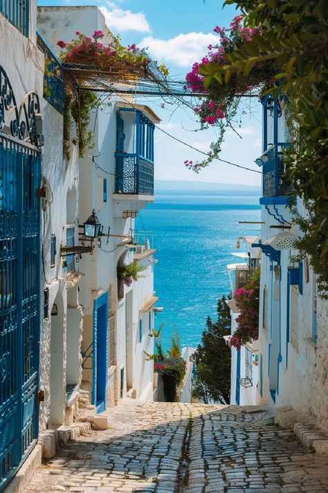 Charming cobblestone street with white and blue houses overlooking the sparkling blue sea in Sidi Bou Said, Tunisia. Tunisia Holiday, Tunisia Aesthetic, Tunisia Hammamet, Monastir Tunisia, Tunisian Aesthetic, Hammamet Tunisia, Tunisia Africa, Tunisia Travel, Tunis Tunisia