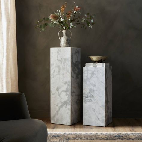 Modern Marble Pedestal White & Grey Speckled Marble Four Hands Marble Pedestal, Bathroom Counter Decor, Modern Marble, Counter Decor, Large Decor, Cleaning Wood, Wood And Marble, Comfy Sofa, Dark Mark