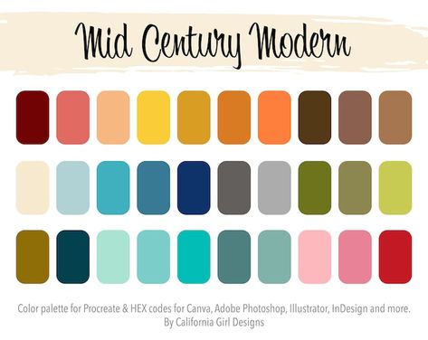 Mid Century Modern Color Palette, Mid Century Colors, Mid Century Modern Colors, House Color Palettes, Modern Color Palette, Hex Codes, Adobe Creative, Retro Color