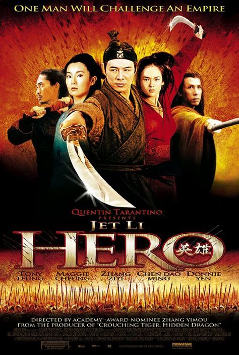 Great movie by Zhang Yimou      The film includes lots of martial arts scenes and has cream-of-the-crop actors from Hong Kong, but at its heart it is a thoughtful piece which reflects on the cost of revenge, and the nature of being a hero. Hero Jet Li, Hero Movie Poster, Tony Leung, Film Thriller, Maggie Cheung, Full Mon, Martial Arts Film, Kung Fu Movies, Donnie Yen