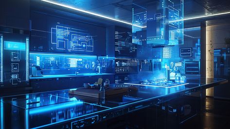 Futuristic #laboratory interior: A modern #futuristic laboratory featuring advanced #holographic interfaces and illuminated #blue displays in a sleek, #hightech environment. #futuretech #aiart #aiphoto #stockcake ⬇️ Download and 📝 Prompt 👉 https://stockcake.com/i/futuristic-laboratory-interior_1125743_421386 Blue Futuristic Aesthetic, Laboratory Interior, Futuristic Laboratory, Futuristic Kitchen, Islamic Music, Modern Futuristic, Kitchen Tech, Tech Background, Future Tech