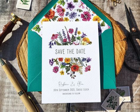 Save the Date Card and Envelope Colourful Wedding Flowers - Etsy UK Flowers Rainbow, Colorful Wedding Flowers, Crayon Drawings, Floral Save The Dates, Colourful Flowers, Luxury Card, Pencil Crayon, Card And Envelope, Save The Date Card