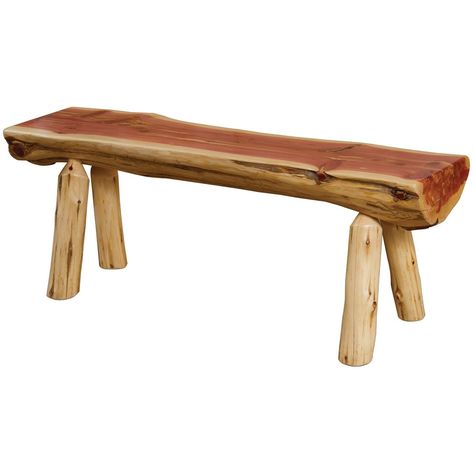 Nothing compares to the unique beauty of hand-crafted log furniture. These unique pieces are an excellent choice for mountain lodges, ski cabins, country cottages, and more. Cedar Log Bench, Half Log Bench, Log Furniture Plans, Mountain Lodges, Bathroom Bench, Log Bench, Furniture Barn, Rustic Log Furniture, Log Cabin Furniture