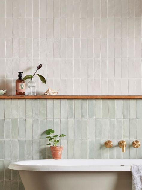 Zia Tile Zellige, Glazed Tiles Bathroom, Italian Style Bathroom Tiles, Zellige Tile Small Bathroom, Bathroom Zellige Tiles, Bathroom Tile Shelf, Zellige Bathtub, Glazed Porcelain Tile Bathroom, Bathroom Brick Tiles