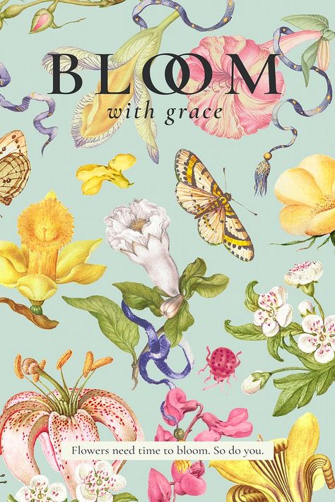 Floral Template, Bloom With Grace, Motifs Textiles, Ad Poster, Free Illustration Images, Personal Growth Quotes, Butterfly Poster, Classic Feminine, Vintage Advertising Posters