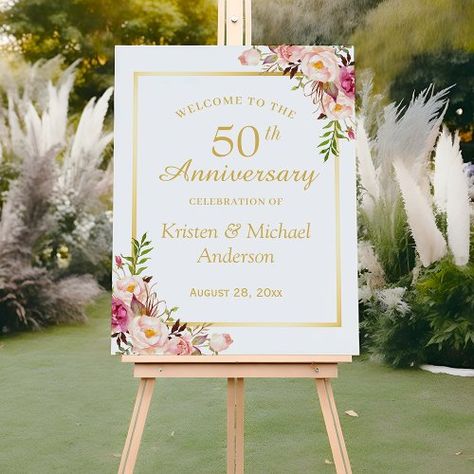 $43.65 | Blush Floral Gold Frame Wedding Anniversary - welcome, simply elegant, modern simple, watercolor blush pink flowers, spring garden bloom, wedding anniversary, marriage, birthday, 50th, 60th Gold Frame Wedding, Framed Table Numbers, 60 Wedding Anniversary, Anniversary Sign, Birthday Party Centerpieces, Frame Wedding, 25th Wedding Anniversary, Wedding Posters, Anniversary Decorations