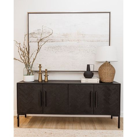 Fishbone Sideboard Sideboards For Dining Room, Buffet Cabinet Dining, Dining Room Decor Buffet, Credenza Next To Fireplace, Dining Buffet Styling, Timeless House Decor, Buffet Under Window, Credenza Styling Living Room, Black Buffet Dining Room