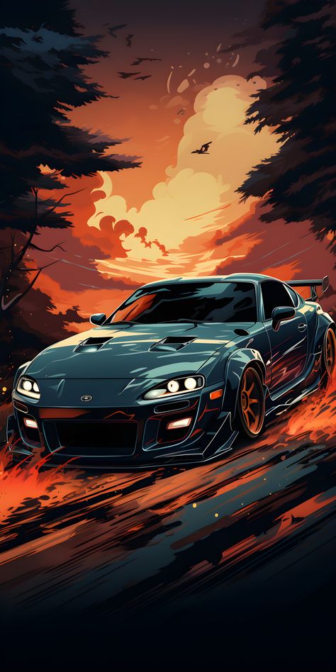 In this single image, witness the iconic Toyota Supra, a symbol of automotive excellence and performance. With its sleek lines and powerful presence, this legendary sports car embodies the spirit of speed and precision. From its distinctive front grille to its dynamic curves, the Supra's design is a testament to its heritage and commitment to innovation. Cars Art Wallpaper, Supra Car Wallpaper, Car Artwork Wallpaper, Sports Car Illustration, Supra Car, Cool Car Backgrounds, Kereta Sport, Karakter Minecraft, Desain Tote Bag