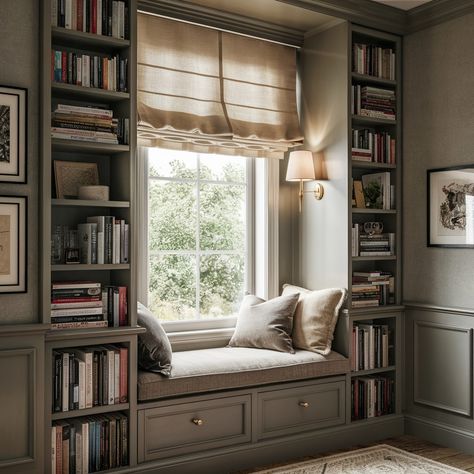 Book Nook By Window, Bookshelf By Window, Built In Bookshelves Around Windows, Bookcase With Reading Nook, Reading Nook Built In Alcove, Large Window Reading Nook, Window Bench With Bookcase, Built In Bookshelves Window Seat, Bookshelf Bench Seat