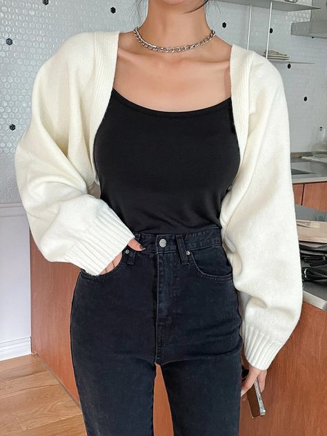 DAZY Dolman Sleeve Open Front Crop Cardigan | SHEIN USA Outfits With White Cardigan, White Cropped Cardigan Outfit, Open Cardigan Outfit, Short White Cardigan, Short Cardigan Outfit, Cream Cardigan Outfit, Cropped Cardigan Outfit, Crop Cardigan Outfit, White Cardigan Outfit