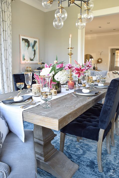 thanksgiving-table-scape-black-velvet-chairs-vintage-inspired-blue-rug-kravet-riad-curtains-gray-washed-dining-table-white-hydrangeas-plum-lillies-6 White Dining Room Table, French Farmhouse Dining Table, Dream Dining Room, Grey Dining Tables, Black Dining Room Chairs, Blue Dining Chair, French Country Dining, Dining Table Rug, Bag Chairs