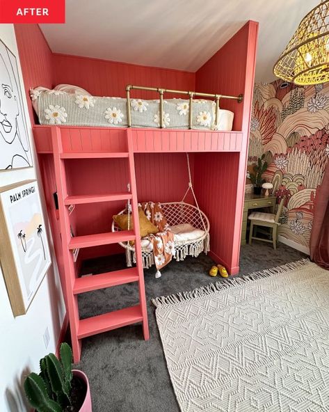 The Pink Loft Bed in This Kid's Room Makeover Is a Must-See | Apartment Therapy Lofted Play Space, Built In Loft Beds For Teens, Diy Built In Loft Bed, Big Girl Room Makeover, Loft Bed Girls Room Ideas, Girls Room Loft Bed, Girl Loft Bed Ideas, Kid Bedroom Storage, Girls Loft Bedroom Ideas