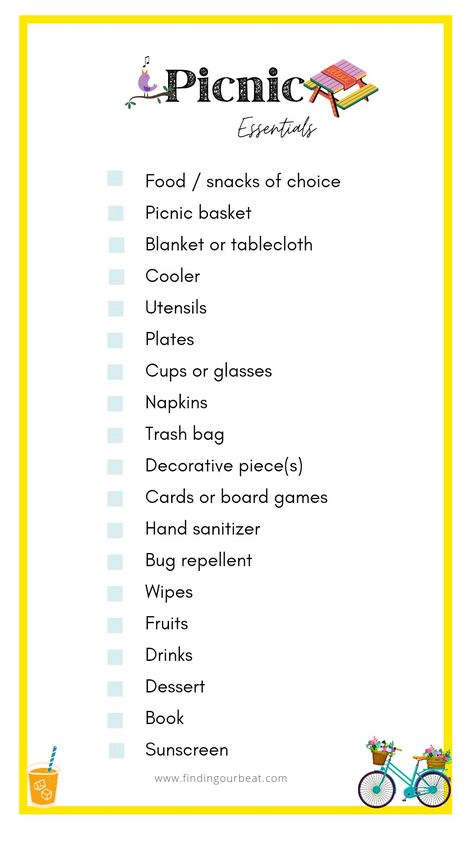 Things To Bring On A Picnic, What To Bring To A Picnic Food, Picnic Items List, Beach Picnic Activities, Outing Ideas With Friends, Picnic List Ideas, Ladies Picnic Ideas, Picnic Essentials List, Picnic Activities For Friends