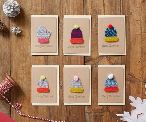 Fabric Christmas Cards, Mittens Card, Handmade Christmas Cards, Christmas Card Art, Fabric Cards, Christmas Card Set, Homemade Christmas Cards, Bobble Hat, Christmas Card Crafts