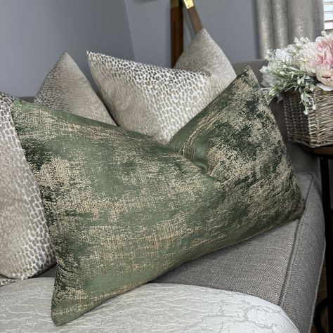 "ALL OF OUR CUSHION COVERS ARE HANDMADE USING ONLY THE BEST QUALITY DESIGNER BRAND FABRICS, TO PROVIDE LUXURY , AFFORDABLE CUSHION COVERS TO DECORATE YOUR HOME" Introduce: CURICO OLIVE ADD A TOUCH OF ELEGANCE TO YOUR HOME WITH THE EDEN COLLECTION,  The fabric feature a metallic yarn and raised texture , giving the collection a luxe feel , with a graceful shimmering effect in natural ivory with silver shimmer Fabric Designer : Ashley Wilde , SAMPLES AVAILABLE , DM TO REQUEST  Due to variations in Green Scatter Cushions, Olive Sofa, Green Cushion Covers, Luxury Green, Green Pillow Covers, Shimmer Fabric, Gold Bed, Beige Sofa, Green Cushions