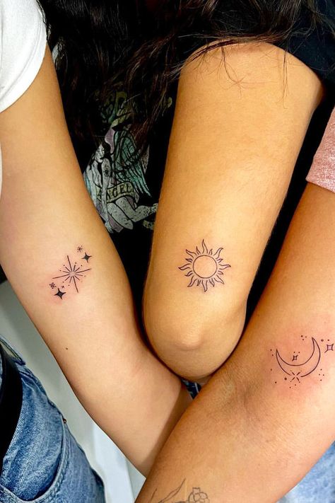 Discover the magic of star tattoo! These celestial ink designs symbolize dreams, hope, and the beauty of the night sky. Whether you prefer a single star or a constellation, star tattoos offer timeless allure and a personal touch to your body art. Find inspiration and create your own constellation of stars on your canvas! #startattoo #startattoodesigns #tattooart Three Sister Tattoos, Best Star Tattoos, Constellation Of Stars, Moon Star Tattoo, Maching Tattoos, Matching Friend Tattoos, Cute Matching Tattoos, Small Girly Tattoos, Bestie Tattoo