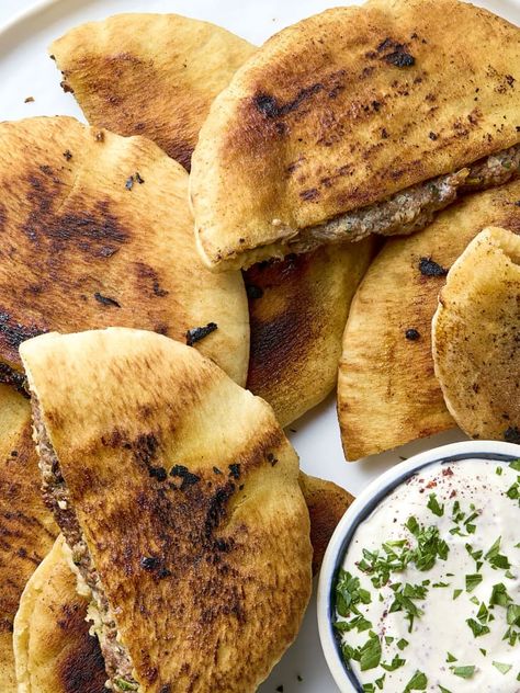 Arayes Recipe (Lebanese Crispy Meat-Stuffed Pita) | The Kitchn Lebanese Sandwich, Arayes Recipe, Recipe Lebanese, Stuffed Pita, Gf Ideas, Batch Cooking Recipes, East Recipes, Mediterranean Foods, Pita Recipes