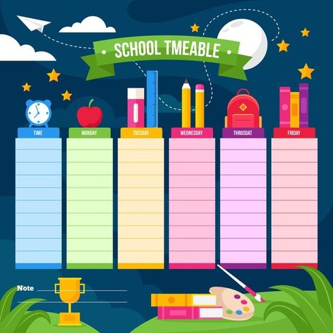 Flat back to school timetable | Free Vector #Freepik #freevector #school #education #student #back-to-school School Timer, Free School Labels, Timetable School, School Stickers Labels, Class Schedule Template, Class Timetable, Easy Preschool Crafts, Timetable Template, School Timetable