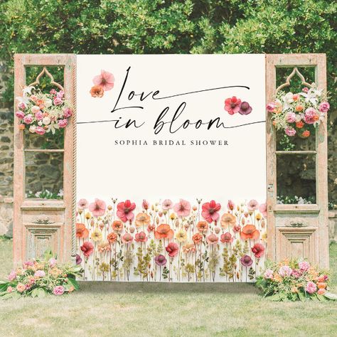 Love In Bloom Bridal Shower Tapestry Backdrop Love In Bloom Bridal Shower Ideas, Love Is Blooming Bridal Shower Theme, Love Is In Bloom Bridal Shower Theme, Bridal Shower Wine Theme, Tapestry Backdrop, Summer Wedding Floral, Wildflower Bridal Shower, Love In Bloom, Bridal Shower Inspo