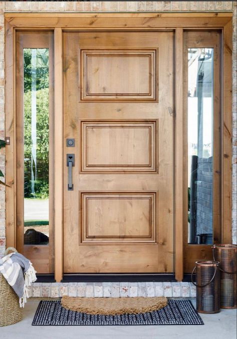 Front Entry Doors With Sidelights Solid Wood, Beautiful Single Front Entry Doors, Wood Front Door No Windows, Single Door With Sidelights, Solid Wooden Front Door, Wood Exterior Door With Side Lights, Wood Door With Sidelights, Wooden Front Door With Sidelights, Cedar Front Door Entrance