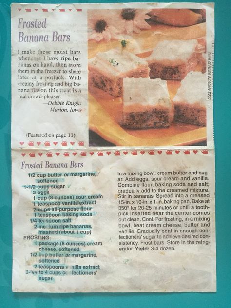 This is from the Taste of Home 2000 original recipe for Frosted Banana Bars with Cream Cheese Icing. This is BY FAR the best one out family has ever had. It is moist, heavy and nothing like banana bread. This is heaven Frosted Banana Bars Taste Of Home, Taste Of Home Banana Bars, Banana Bread Bars With Cream Cheese, Banana Bars With Cream Cheese Frosting, Frosted Banana Bars, Banana Bread Bars, Bars With Cream Cheese Frosting, Bars With Cream Cheese, Fall Deserts