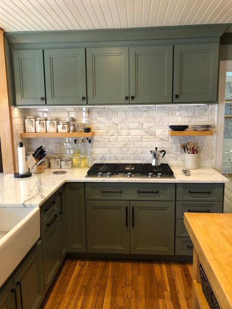 Stanford Farmhouse Kitchen - Farmhouse - Kitchen - Other - by MODERN TRADITION KITCHEN & BATH | Houzz White Subway Tile Green Cabinets, Kitchen Remodel Doublewide, Kitchen Design Small Farmhouse, White Countertops Green Cabinets, Sage Kitchen Cabinets Black Hardware, Modern Farmhouse Diy Projects, Light Green Kitchen Cabinets Farmhouse, Neutral Kitchen With Green Accents, Olive Green House Interior