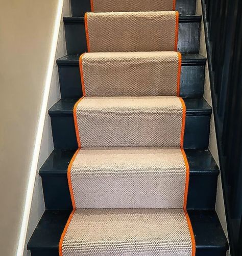 Bright Stair Runner, Orange Stair Runner, Dark Painted Stairs With Runner, Colourful Stair Runner, Black Staircase With Runner, Black Stairs With Runner, Runner Carpet Stairs, Orange Stairs, Colourful Stairs