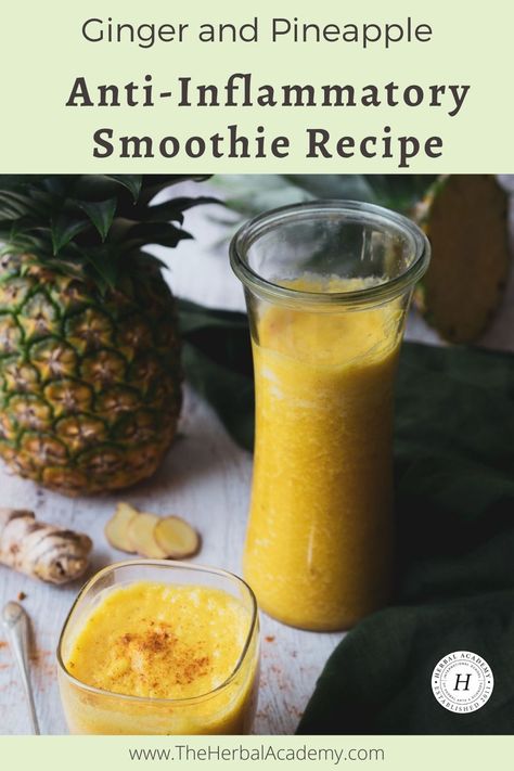 Inflammation Smoothie, Ginger Detox, Herbal Academy, Pineapple Ginger, Anti Inflammation Recipes, Turmeric Smoothie, Ginger Smoothie, Fresh Pineapple, Pineapple Smoothie