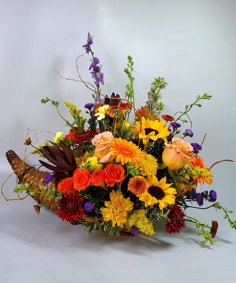 Cornucopia | Roanoke (VA) Fall & Autumnal Flowers | George's Flowers Fall Flower Arrangements Cornucopia, Cornucopia Flower Arrangement, Cornucopia Floral Arrangement, Fall Floral Arrangement Ideas, Cornucopia Decor, Thanksgiving Arrangements, Soft Autumn Colors, Cornucopia Centerpiece, Thanksgiving Floral Arrangements