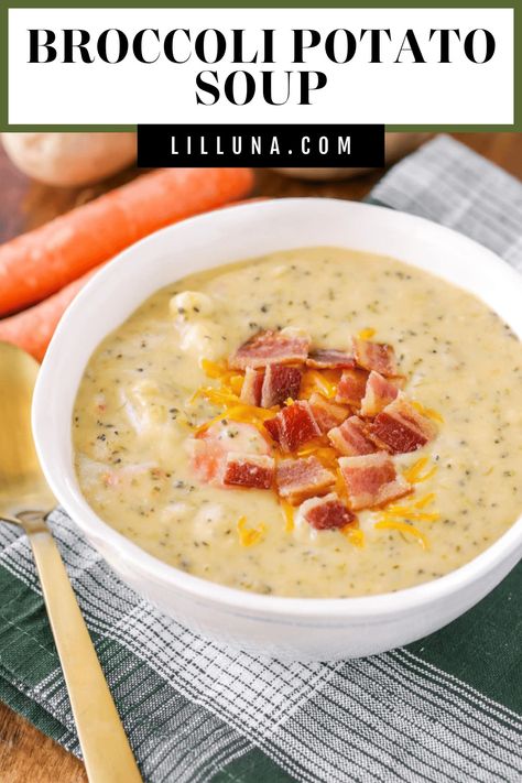 Thick and creamy Broccoli Potato Soup is full of delicious vegetables and seasonings. It's hearty and filling! #potataosoup #broccolisoup #soup #souprecipes #potatoes #broccoli Broccoli Potato Soup Recipes, Potato Broccoli Soup, Healthy Delicious Soups, Broccoli Potato Soup, Cheesy Broccoli Soup, Broccoli Potato, Cream Soups, Potatoes Broccoli, Creamy Soups