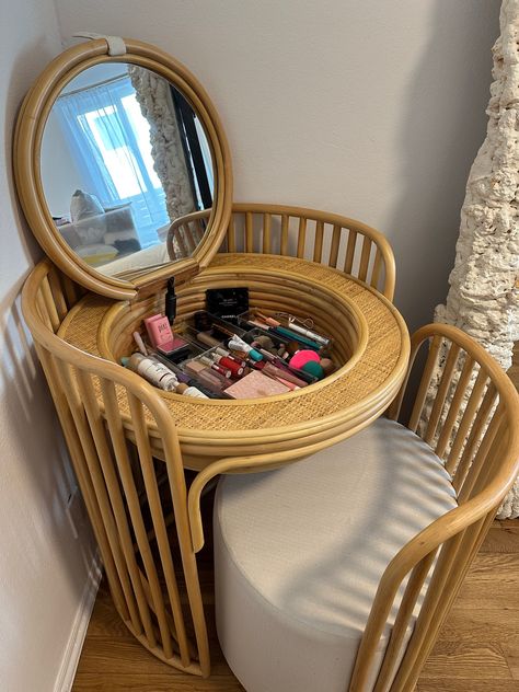 Elise Vanity And Stool Set, Vanity And Stool Set, Round Vanity Table, Stool Decoration Ideas, Elise Vanity, Circular Vanity, Makeup Vanity Aesthetic, Circle Vanity, Bohemian Vanity