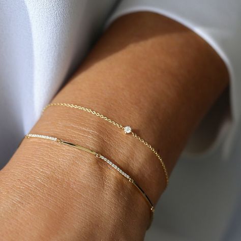 Diamond Bracelet / 14k Solid Gold Pave Diamond Bar Bracelet / Line Bar Minimalist Dainty Diamond bracelet by Ferko's Fine Jewelry Made to Order. * Gold KT: 14K (18K and Platinum Available upon Request) * Custom Gold Color: Rose Gold, Yellow Gold, White Gold * Length of Bar: 15 MM * Width of Bar: 1.1 MM   * Round Diamonds: 55 Pcs 1.0 MM * Total CTW: 0.30 Ctw * Diamond Color-Clarity: G Color  SI Clarity * Setting Type: Micro-Pave  ▶ See more of our Diamond Bracelets - http://etsy.me/2mVrAB5 ▶ See Diamond Bar Bracelet, Gold Bracelet Simple, Diamond Bar Necklace, Handmade Jewelry Bracelets, Bar Bracelet, Simple Diamonds, Mens Gold Bracelets, Bracelets Gold Diamond, Diamond Bar