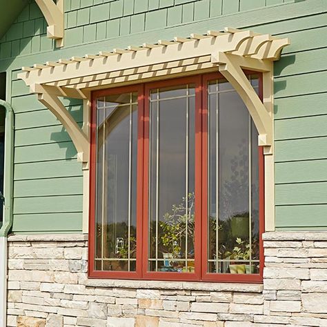 Add punch to your home's exterior with these custom-made arbor add-ons. They provide shade and give flowers or viny plants something to hold onto as they grow. Dimensions (as shown): 120"W x 26-1/4"D x 37-1/2"H  Featured in WOOD Issue 234, September 2015 Window Arbor, Cantilever Pergola, Door Arbor, Window Pergolas, Window Trellises, Exterior Wall Decoration, Garage Pergola, Backyard Structures, Pergola Diy