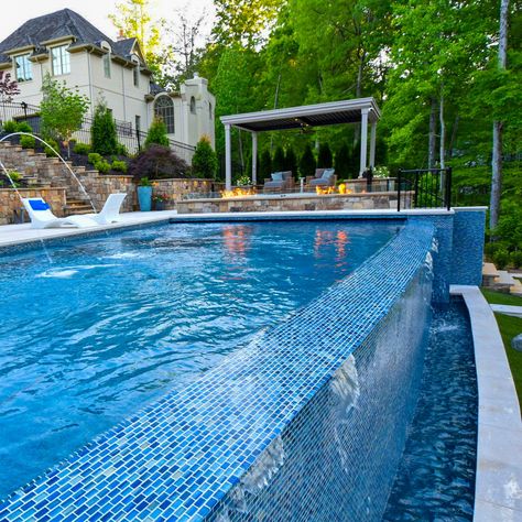 Backyard Lazy River, Hillside Pool, Raised Pools, Decks Around Pools, Luxury Pools Backyard, Lazy River Pool, Edge Pool, Pool Landscape Design, Rectangular Pool