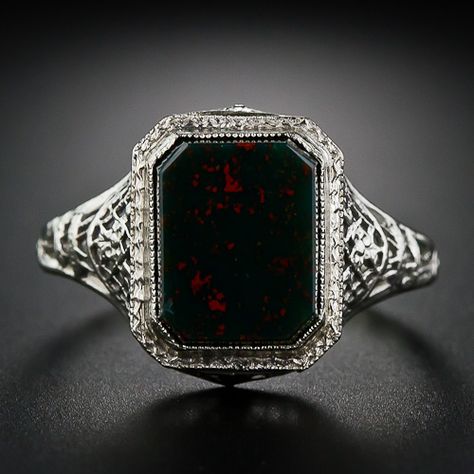 A sweet and simple filigree ring, of 1930s vintage, featuring a cut-cornered rectangular green and red chalcedony, otherwise known as Bloodstone - March's alternative birthstone. 595.00 USD Historical Rings, Bloodstone Jewelry, Bloodstone Ring, Gothic Engagement Ring, Blood Stone, Pearl Jewels, Historical Jewellery, Gem Diamonds, Gothic Rings