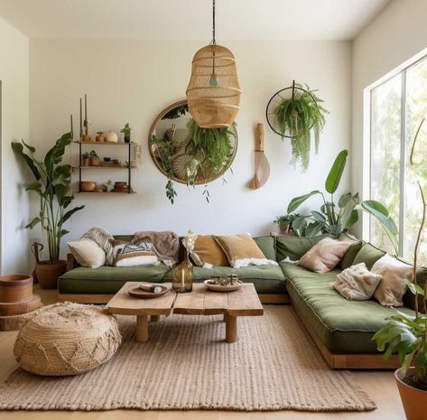 House Plants Interior Design, Green Yellow Orange Living Room, Living Room Designs Earth Tones, Boho Jungle Living Room, Living Room Nature Theme, Boho Chic Beach House, Plant Themed Living Room, Boho Living Room Decor Inspiration, Boho Luxe Living Room