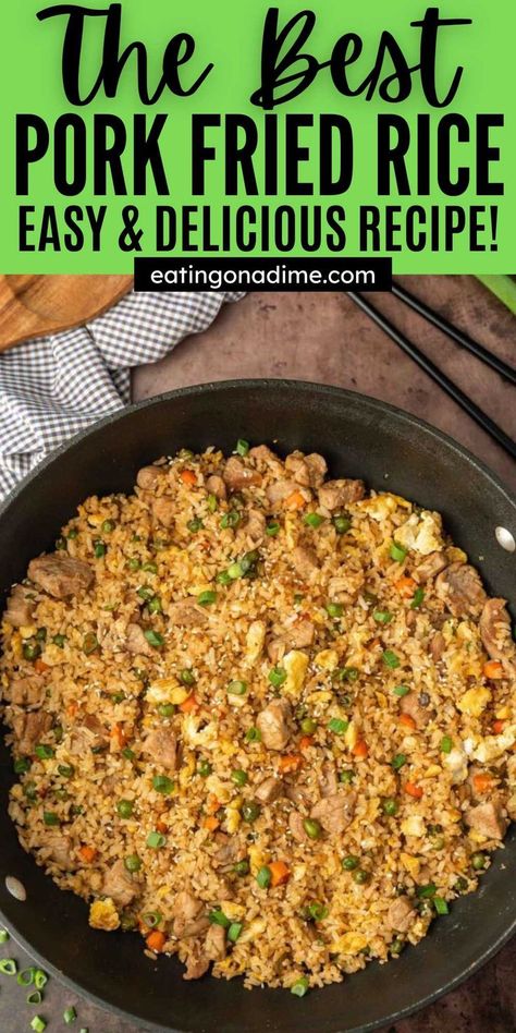 Pork Fried Rice is a easy way to turn leftover rice into a complete meal. It is delicious, filling and easy to make with simple ingredients. This simple skillet pork fried rice is prepared easy by first cooking the pork in sesame oil and vegetable for a few minutes. Add in your vegetables, scramble egg and mix in the rice. Simple, delicious and easy to make weeknight meal. #eatingonadime #porkfriedrice #easyfriedrice Pork Fried Rice Recipe Authentic, Leftover Pork Fried Rice Recipe, Pork Fried Rice Easy, Egg Fried Rice Recipe Easy, Easy Asian Dishes, Eggs And Veggies, Pork Fried Rice Recipe, Homemade Fried Rice, Fried Rice Recipe Easy