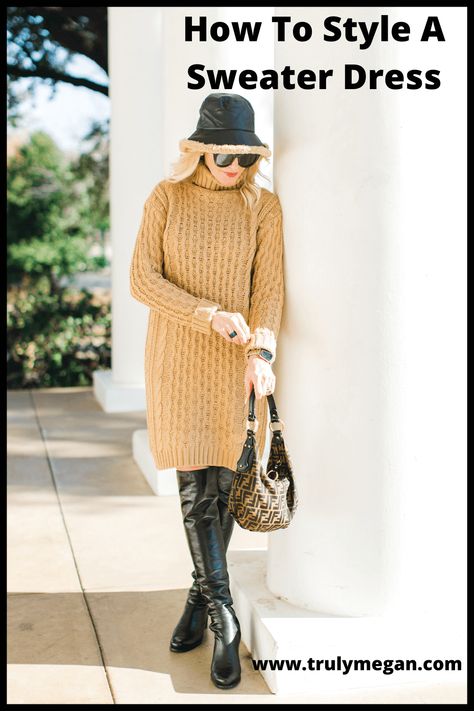 Dallas blogger wearing a chunky knit sweater dress, black over the knee boots and carrying a Fendi hobo bag. How To Style A Black Sweater Dress, Style A Sweater Dress, Dresses In Winter, Always Look Put Together, Camel Dress, Look Put Together, Dallas Fashion, Sweater Dresses, Weekend Wear